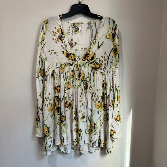 Free People Floral Boho Blouse Size S Long Sleeve Flowy Tunic Top - Picture 3 of 10